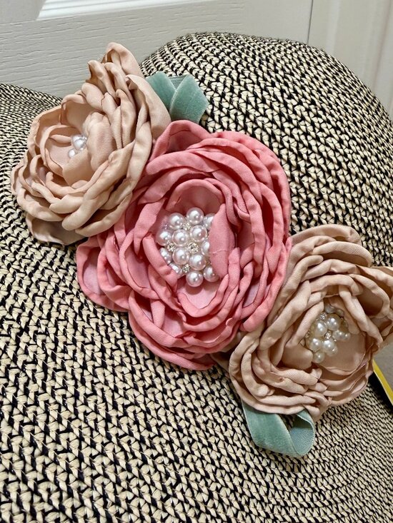 Elegant Women\'s Tweed Sun Hat With Satin Flowers And Pearls Wedding Tea Party main image 12